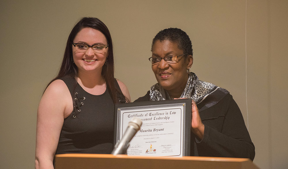Pictured is alumna Maurita Bryant speaking at Point Park University. Photo by Nick Koehler